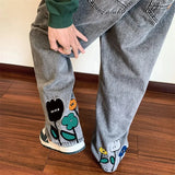 FOESCE New Flower Printed Jeans2025 Vintage Straight Trousers Streetwear American Casual Denim Wide-leg Pants Jeans Jeans Masculina