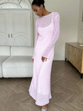 FOESCE Spring Autumn O-Neck Elastic Knit Long Dresses Women 2025 Elegant Chic Soft Lady Hollowing Sweater Dresses Femme New