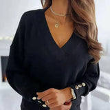 FOESCE 2025 loose Women's Clothing Pullovers Jumpers Spring Autumn New Casual Loose Solid Button V-Neck Long Sleeve for Women Sweaters