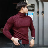 FOESCE New Men's Turtleneck Sweaters Autumn Knitted Striped Streetwear Warm Long Sleeved Pullover Solid Color Basic Style Casual Tops