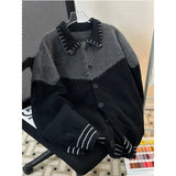 FOESCE Korean Contrasting Color Splicing Cardigan Lapel Sweater Men and Women Trendy Niche Loose Warm Sweater