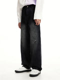 FOESCE 2025 Relay's new Korean version of loose fitting straight mid rise denim jeans with stitching and buckle design for men and
