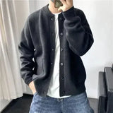 FOESCE Man Clothes Round Collar Plain Knitted Sweaters for Men Crewneck Solid Color Cardigan Green Black Japanese Harajuku Fashion Neck