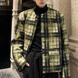 FOESCE Men's Tweed Plaid Blazers Cardigan Autumn Winter Trend Collarless Short Jacket Fashion Green Korean Style Chic Elgance Coat