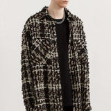 FOESCE Mens Autumn Gold Thread Tweed Braided French Coat Genderless Tassel  Retro Casual Loose Fashion Trend Jacket Unisex