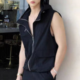 FOESCE Mens Y2k Functional Multi-Pocket Casual Hooded Vest 2025 New Genderless Fashion Loose Solid Color Sleeveless Tank Top Unisex