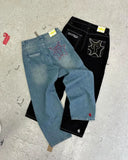 Foesce Y2K Men blue letter printed jeans high-end fashion hip-hop trend straight casual pants loose couple street American retro pants