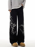 FOESCE Women Jeans Oversize Hip-hop Fashion Vintage Streetwear Y2K Wide Leg Jean High Waist Embroidery Pattern Trouser Baggy Denim Pant