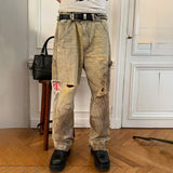 Striped Old Damaged Corduroy Work Pants Fashion High Street Retro Straight Casual Pants