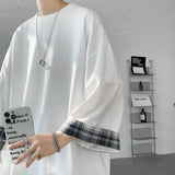 FOESCE  men t shirts Summer Men's T-shirts Women Oversized 2XL Korean Style Loose Plaid T-shirt Casual Seven sleeves T-Shirt Male White
