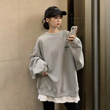 FOESCE Simplicity Contrast Patchwork Loose Trend Pullovers Top Spring Autumn Fake Two Pieces Casual Sweatshirts Fashion Women Clothing
