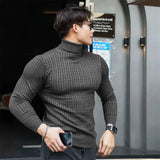 FOESCE New Men's Turtleneck Sweaters Autumn Knitted Striped Streetwear Warm Long Sleeved Pullover Solid Color Basic Style Casual Tops