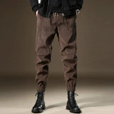 FOESCE Mens Corduroy Plus Velvet Textured Sports Casual Pants Autumn Winter Genderless Trendy Ribbed Cuff Workwear Style Pants Unisex