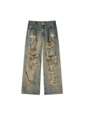 FOESCE 2025 Old and Worn Hole Jeans, High Street, Wasteland Style, Small Crowd Vibe, Beggar, Floor Sweeping Long Pants, blusa masculina