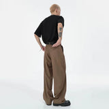 FOESCE Mens Y2k Pleated Casual Pants Genderless Fashion Youth Street Retro Solid Color Loose Couple Floor-Length Wide-Leg Pants Unisex