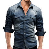 FOESCE Men'S Autumn Fashion Clothing Casual Fashion Long Sleeve Lapel Shirts Solid Color Denim Washed Shirt Men'S Tops