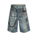 FOESCE 3D Print Patchwork Baggy Jeans Shorts for Men Streetwear New Summer Wide Leg Patchwork Casual Loose Knee Length Pants Oversized