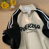 FOESCE Summer Hip Hop Men and Women Trendy Personalized Waffle Half Zipper Retro Design Polo Collar Short Sleeve Couple Casual T-shirt