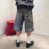 FOESCE 3D Print Patchwork Baggy Jeans Shorts for Men Streetwear New Summer Wide Leg Patchwork Casual Loose Knee Length Pants Oversized