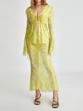 FOESCE Y2k Women Sheer Mesh  Fairy Grunge Tie Up Ruffle V Neck Beach Dresses Aesthetic Tassel 2 Piece Skirt Set Summer (Long