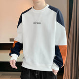 FOESCE Men's 2025 Spring New Round Neck Contrast Color Patchwork Letters Printed Sweatshirt Loose Trendy Long Sleeve Bottom Casual Tops