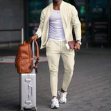 FOESCE 2025 new spring and autumn men stand collar solid color baseball casual Waffle full pants two men's suit men's wear