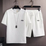 FOESCE Men's new Waffle TZ20 3D Summer Suit 2025 Casual T-shirt + Shorts Suit Men's Tracksuit Solid color tracksuit loose suit