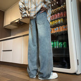 FOESCE Men Denim Pants Elastic waist pull rope Straight Droop Vintage Loose Bottom Straight Wide Leg Casual Male Trousers Korean Style