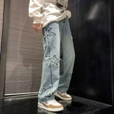 FOESCE Stars Patchwork Men Jeans New Fashion Y2K Tassel Pants Korea Clothes Straight Hip Hop Splicing Trousers Male Streetwear
