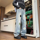 FOESCE Y2K Vintage Flower Embroidered Jeans For Men High Street Baggy Straight Wide Leg Denim Pants Autumn Design Hip Hop Fashion Jean