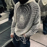 FOESCE Y2K Street Clothes Spider Web Tops Hollow Hole Design Hooded Pullover Knitwear Sweater Men Korean Fashion Old Genderless Wear