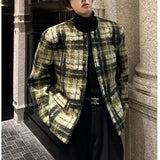 FOESCE Men's Tweed Plaid Blazers Cardigan Autumn Winter Trend Collarless Short Jacket Fashion Green Korean Style Chic Elgance Coat