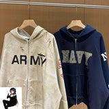 FOESCE Stain Fake Two Pieces Grailz Project Hole Damage Zipper Hoodie Men Women Vintage Distress Badge Print Sweatshirts Loose Jacket