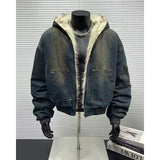 FOESCE Autumn and winter new loose denim jacket, thick and warm retro design, hooded cotton jacket, fashionable men's or women's jacket