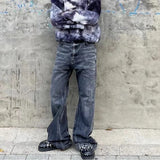 FOESCE High Street Washed Baggy Casual Hole Feet Flare Jeans Men's Y2K Straight Vintage Distressed Loose Denim Trousers Oversize Cargos