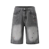 FOESCE Streetwear Full Rhinestone Print Baggy Jeans Shorts for Men Ripped Hole Washed Short Casual Loose Denim Five Point Pants