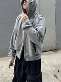 Heavy Weight Solid Double Zipper Hooded Sweatshirt Simple Versatile Men's Autumn Winter New Casual Loose Multiple Pockets Hoodie