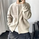 FOESCE Man Clothes Round Collar Plain Knitted Sweaters for Men Crewneck Solid Color Cardigan Green Black Japanese Harajuku Fashion Neck
