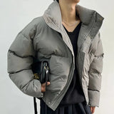 FOESCE Mens Solid Color Stand-Up Collar Cotton Casual Autumn Winter Genderless Fashion Youth Trend Korean Style Bread Jacket Unisex