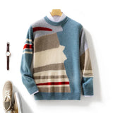 FOESCE New Men 100% Pure Cashmere Wool Soft Sweater O-neck Irregular Splicing Pullover Autumn Winter Casual Thick Basis Large Size Top