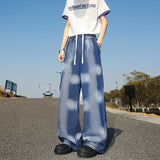 FOESCE Men  Relaxed Elastic Drawstring Waist Washed Wide Leg Floor Length Jeans Casual Comfortable Baggy Trousers Trendy Fashion 2025