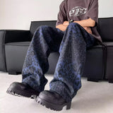 FOESCE American  handsome blue leopard print jeans for men denim men's design sense American hiphop high street pants Vibe trendy