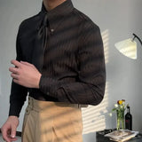 FOESCE Business Square Collar Stripe Retro 2025 Autumn Men's Splicing Button Fashion Slimming Style Versatile Casual Long Sleeve Shirts