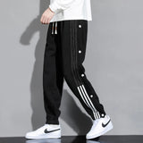 FOESCE Men's Spring Autumn Elastic High Waist Pockets Striped Button Drawstring Loose Casual Clothing Trousers Bloomers Vintage Pants