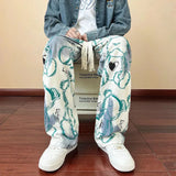 FOESCE American High Street Casual Pants Men's Tie-dye Bear Graffiti Casual Loose Wide-leg Pants Trendy Brand Niche Mopping Trousers