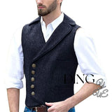 FOESCE Men's 5 Button Herringbone Tweed Waistcoat Tailored Collar Suit Vest