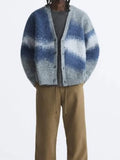 Foesce Striped Plush V-neck Cardigan Men's Loose Casual Brushed Knitted Sweater Trendy Simple Versatile Harajuku High Street Coats