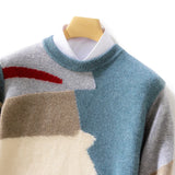 FOESCE New Men 100% Pure Cashmere Wool Soft Sweater O-neck Irregular Splicing Pullover Autumn Winter Casual Thick Basis Large Size Top