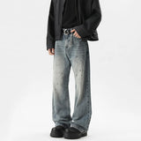 FOESCE Summer Men's Denim Pants Old Blue Washed Male Jeans Straight fleck Casual Menwear Loose Wide Leg Trousers 2025 New Fashion