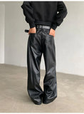 FOESCE PU Leather Pants men Straight 2025new Spring Men's Punk Fashion Hip Hip Men Wide-leg Mopping Trousers Windproof Dark Brown/Black